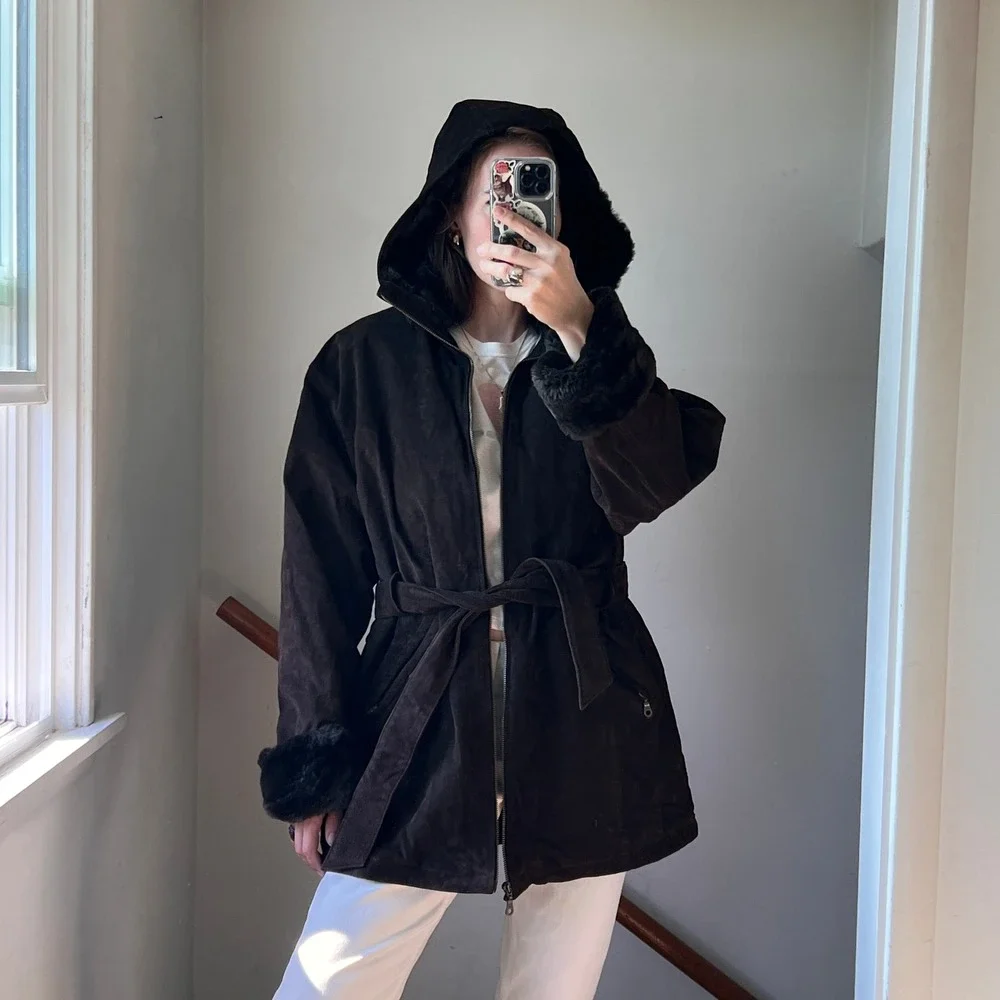 Vintage Wilsons Leather Brown Suede‎ Jacket Removable Hooded Penny Lane Coat